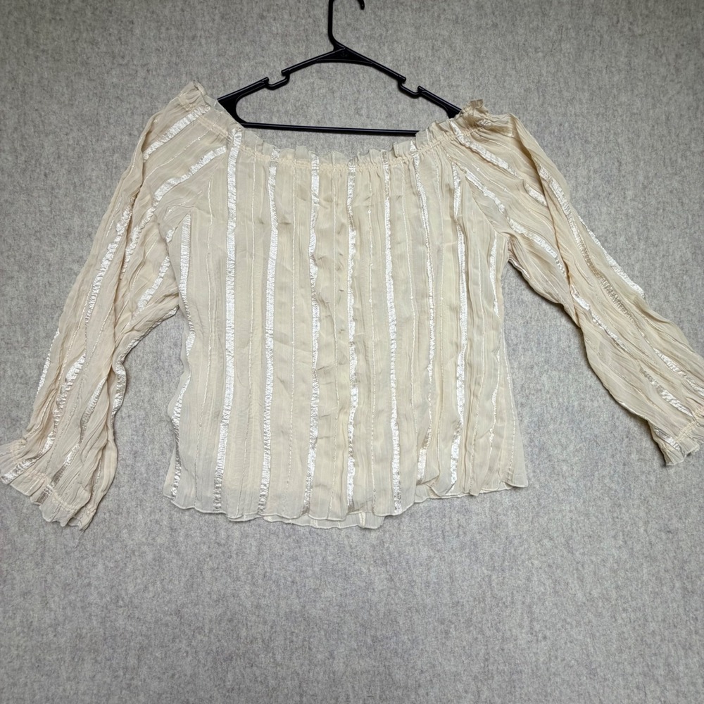Selene Sport Blouse Womens 1X Cream Gold Metallic Stripe Off Shoulder Sequin